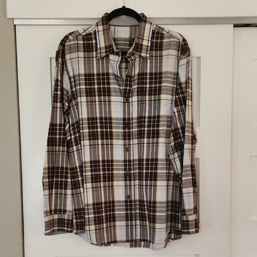 Tasso Elba Brown and White Plaid Men's Shirt